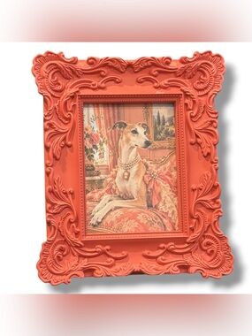 Ornate Coral Rococo Picture Frame Regal Whippet Dog Portrait Cottagecore Decor